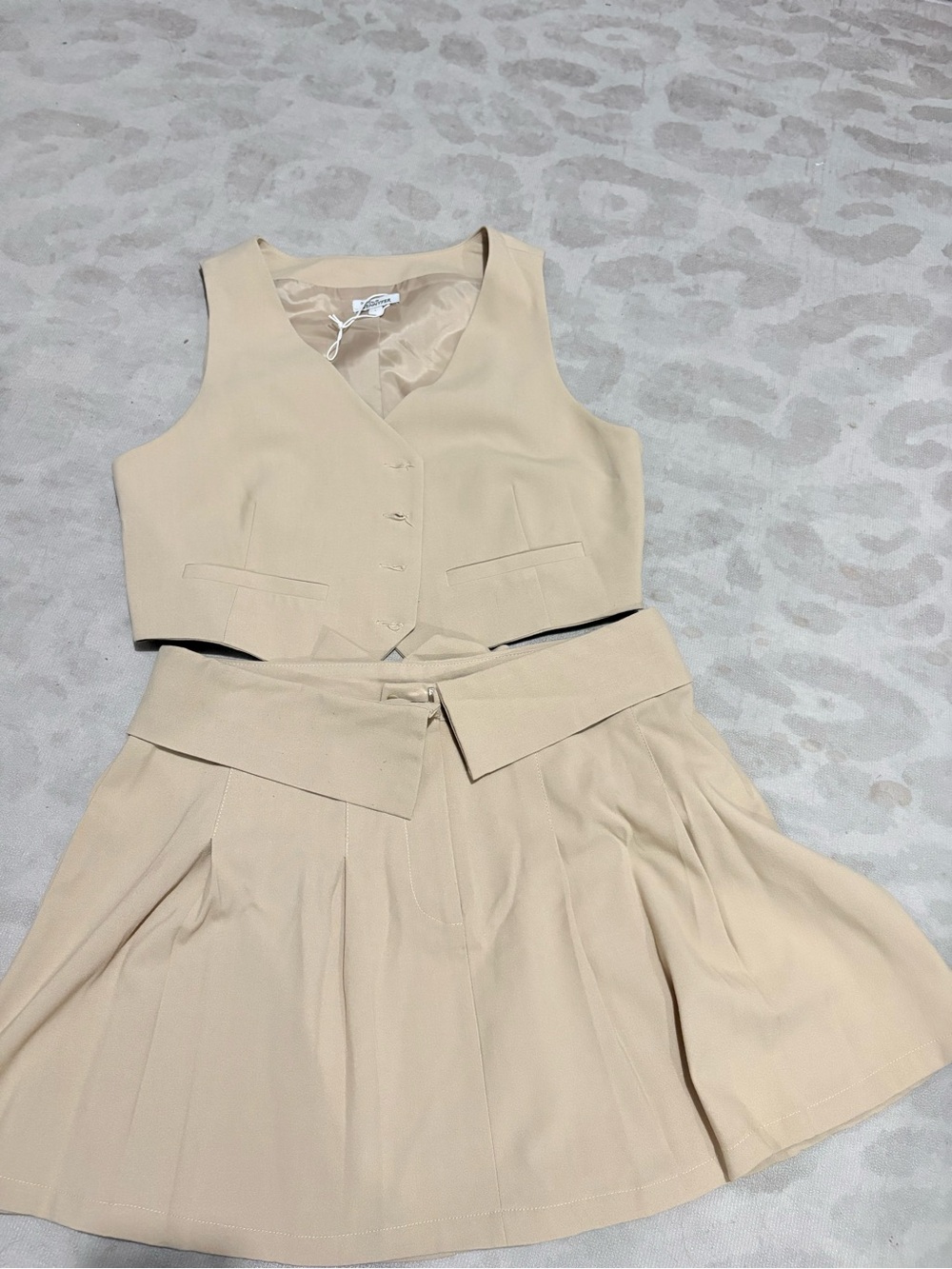 Beige Two-Piece Vest & Skirt Set - Women Dresses